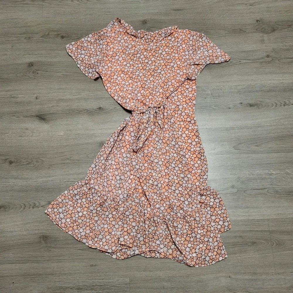 Michael Kors Coral Floral Ruffle Wrap Midi Dress Womens Summer Large High Low - Picture 5 of 7